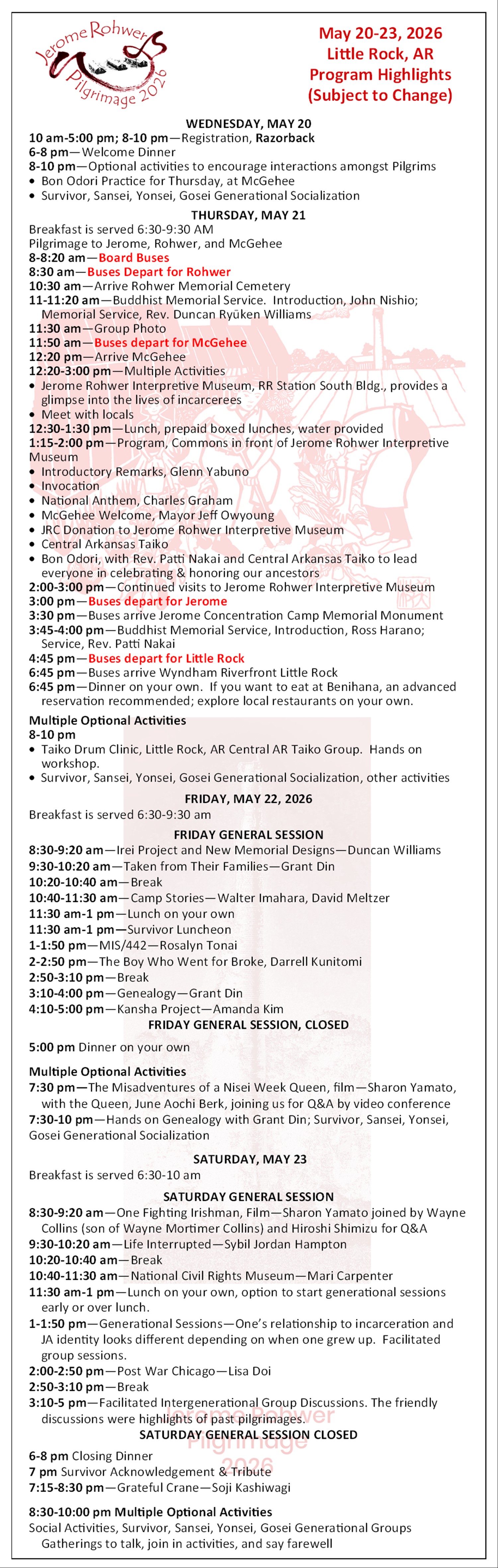 2026 Jerome Rohwer Pilgrimage Summary Program